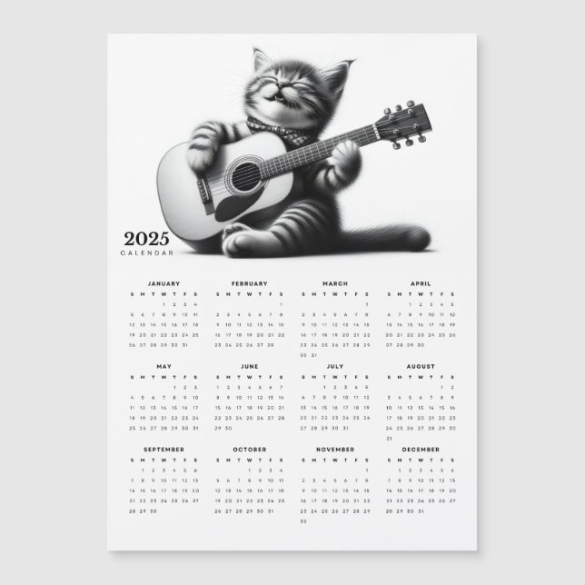 Niedlicher Cat Guitarist Scarf 2025 Magnetkalender Magnetkarte (Vorderseite)