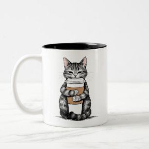 Niedlicher Cat Holding Coffee Cup Zweifarbige Tasse