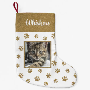 Niedlicher Cat Name Foto Gold Glitzer Paw Prints Kleiner Weihnachtsstrumpf