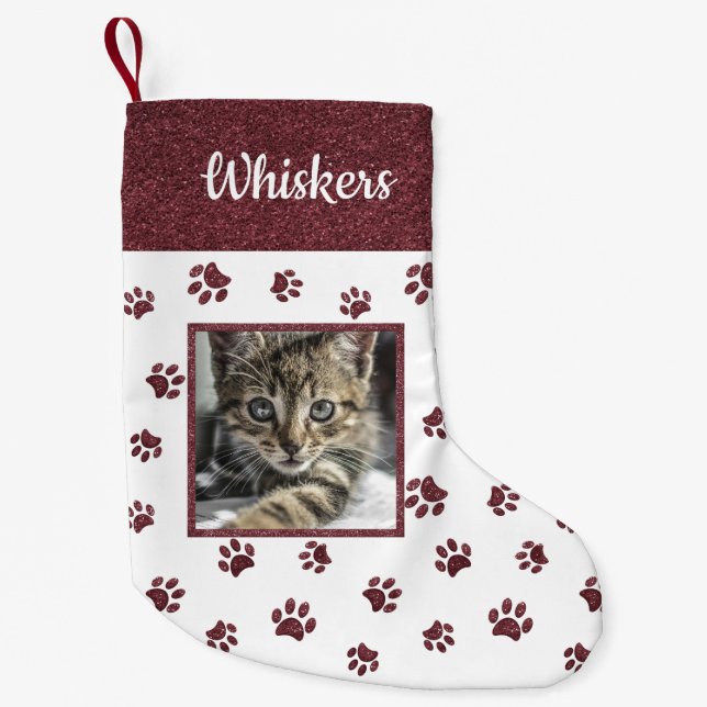 Niedlicher Cat Name Foto Rose Gold Glitzer Paw Pri Kleiner Weihnachtsstrumpf (Vorderseite)