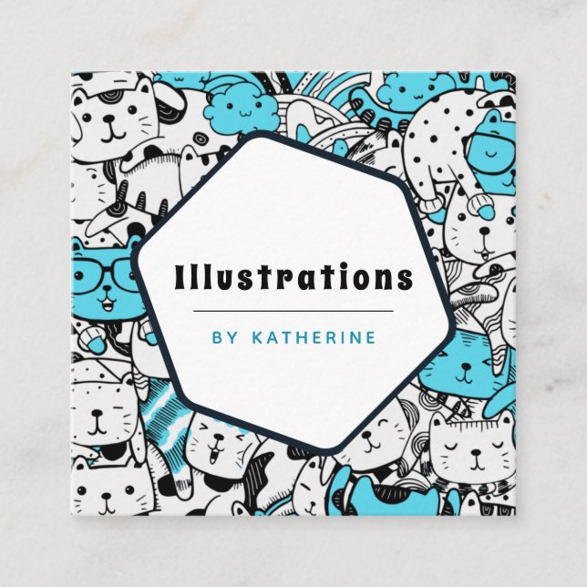 Niedlicher Cat Pattern Cartoonist Grafik Designer  Quadratische Visitenkarte (Vorderseite)
