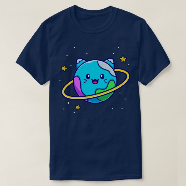Niedlicher Cat Planet Cartoon T-Shirt (Design vorne)