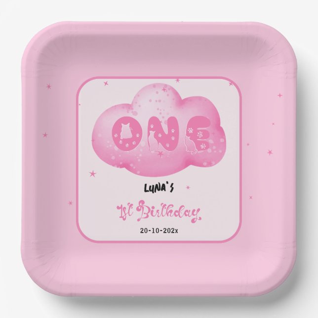 Niedlicher Cat Schriftart Wasserfarbe Rosa Wolke 1 Pappteller (Vorderseite)