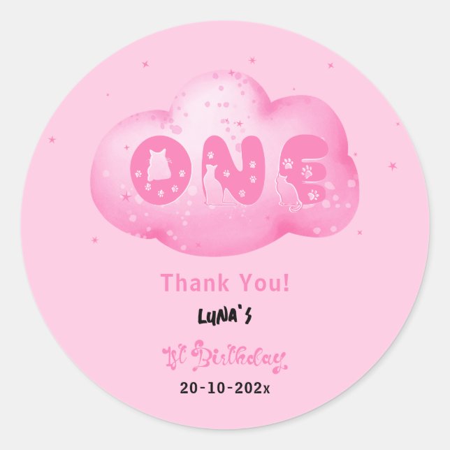 Niedlicher Cat Schriftart Wasserfarbe Rosa Wolke 1 Runder Aufkleber (Vorderseite)