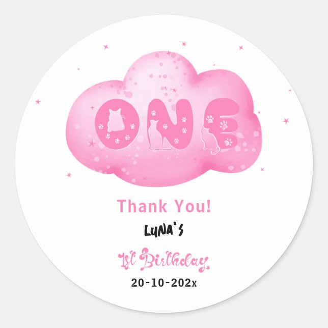 Niedlicher Cat Schriftart Wasserfarbe Rosa Wolke 1 Runder Aufkleber (Vorderseite)