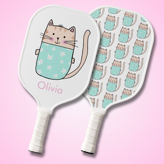 Niedlicher Cat Spaß Pickleball Schläger (Cute illustrated floral cat pickleball paddle. Pattern to reverse. Large cat motif & name to front,)