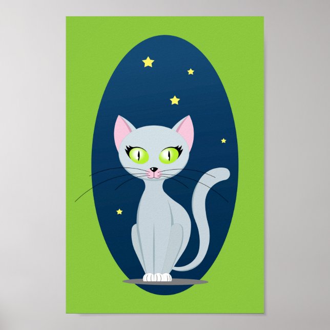 Niedlicher Cat Starry night sky Cartoon mit benutz Poster (Vorne)