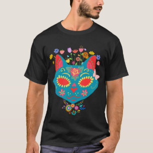 Niedlicher Cat Sugar Skull voller Farbe und Blume T-Shirt
