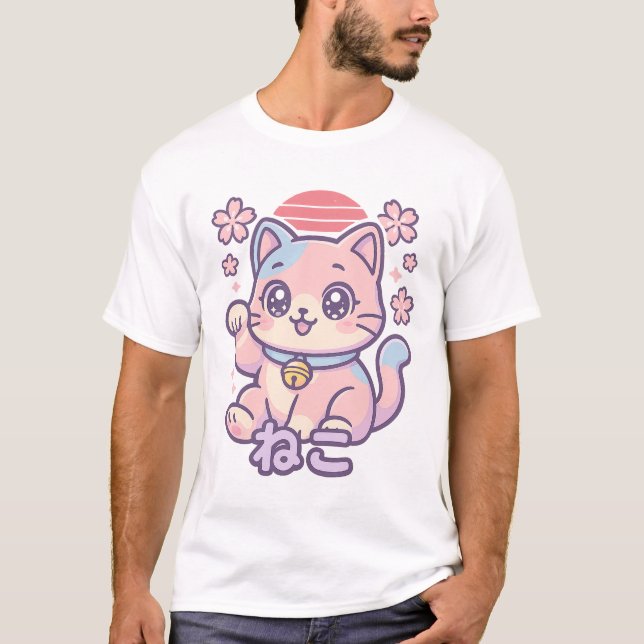 Niedlicher Cat T - Shirt | Japanisch Streetwear Ka (Vorderseite)