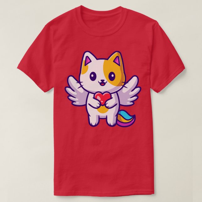 Niedlicher Cat Unicorn Holding Heart Cartoon T-Shirt (Design vorne)