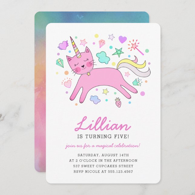 Niedlicher Caticorn | magischer Geburtstag Einladung (Vorne/Hinten)