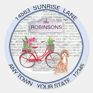 Niedlicher Cavapoo Dog Moving Bicycle Neue Adresse Runder Aufkleber