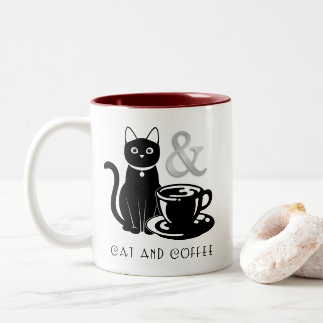 Niedlicher Chat Lover Kaffee Lover Schwarz und Wei Zweifarbige Tasse (Mit Donut)
