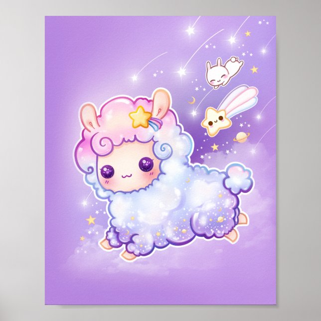 Niedlicher Chibi Alpaca mit kawaii-Schießstar Poster (Vorne)