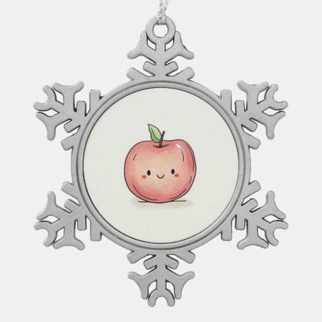 Niedlicher Chibi-Apple Schneeflocken Zinn-Ornament (Vorderseite)