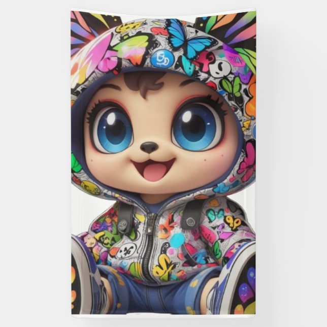 Niedlicher Chibi-Bär in Graffiti Butterfly Hoodie  Banner (Vertikal)