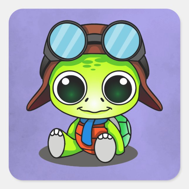 Niedlicher Chibi Cartoon Turtle in Aviator Hat Quadratischer Aufkleber (Vorderseite)