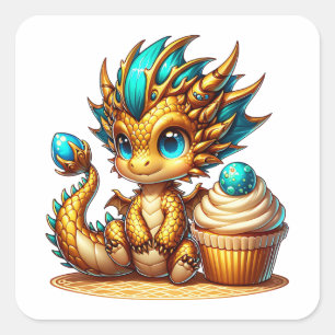 Niedlicher Chibi Gold und Blauer Drache mit Cupcak Quadratischer Aufkleber