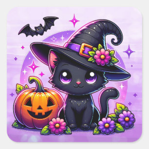 Niedlicher Chibi Halloween Black Cat und Pumpkin Quadratischer Aufkleber