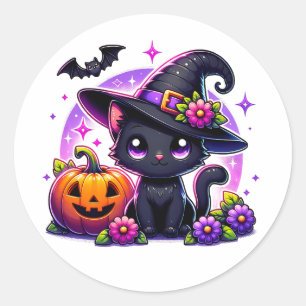 Niedlicher Chibi Halloween Black Cat und Pumpkin Runder Aufkleber