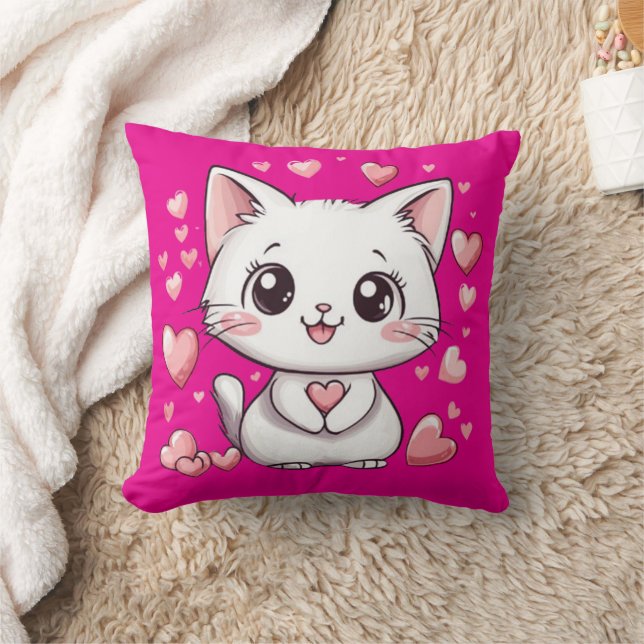 Niedlicher Chibi Katze Pink Kissen mit Herz Kawaii (Decke)