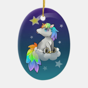 Niedlicher Chibi-Unicorn, Regenbogen- und Sternenv Keramikornament