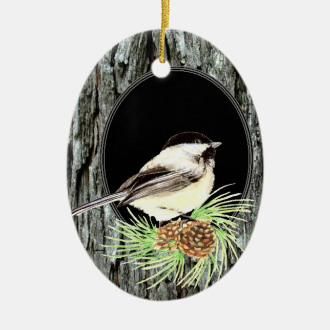 Niedlicher Chickadee Bird in Tree, Natur, Tierwelt Keramikornament (Vorne)