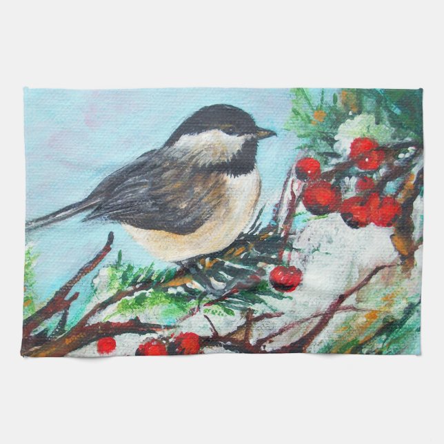 Niedlicher Chickadee-Vogel mit Berries am Zweig Geschirrtuch (Horizontal)