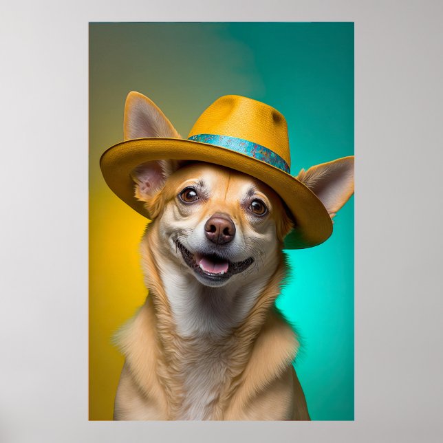 Niedlicher Chihuahua Dog Fedora Hat farbenfrohe Le Poster (Vorne)