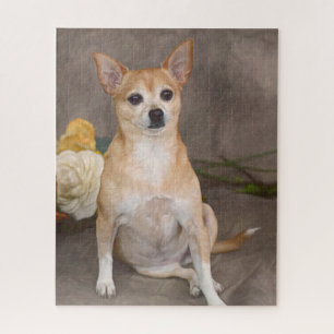 Niedlicher Chihuahua Hund Blumenstrauß Portrait Puzzle