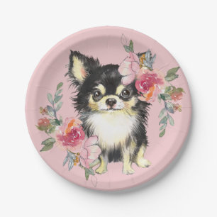 Niedlicher Chihuahua Welpe und Blume Wasserfarben Pappteller