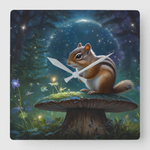 Niedlicher Chipmunk im Mushroom bei Mondlicht Quadratische Wanduhr
