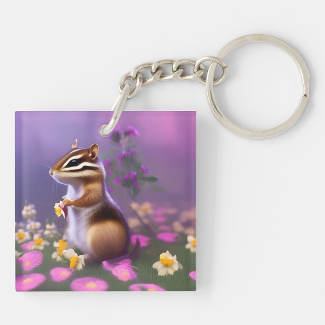 Niedlicher Chipmunk in Blume Schlüsselanhänger (Rückseite)