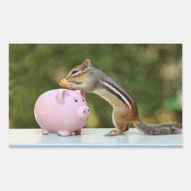 Niedlicher Chipmunk mit dem Funny Money Piggy Bank Rechteckiger Aufkleber (Vorderseite)