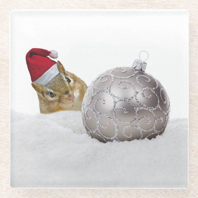 Niedlicher Chipmunk Silver und Schnee Weihnachtsfe Glasuntersetzer (Vorderseite)