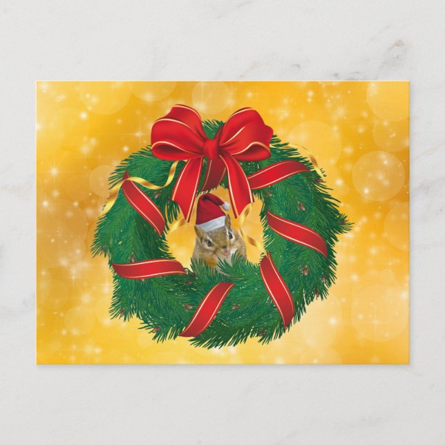 Niedlicher Chipmunk Weihnachtskranz Feiertagspostkarte (Vorderseite)