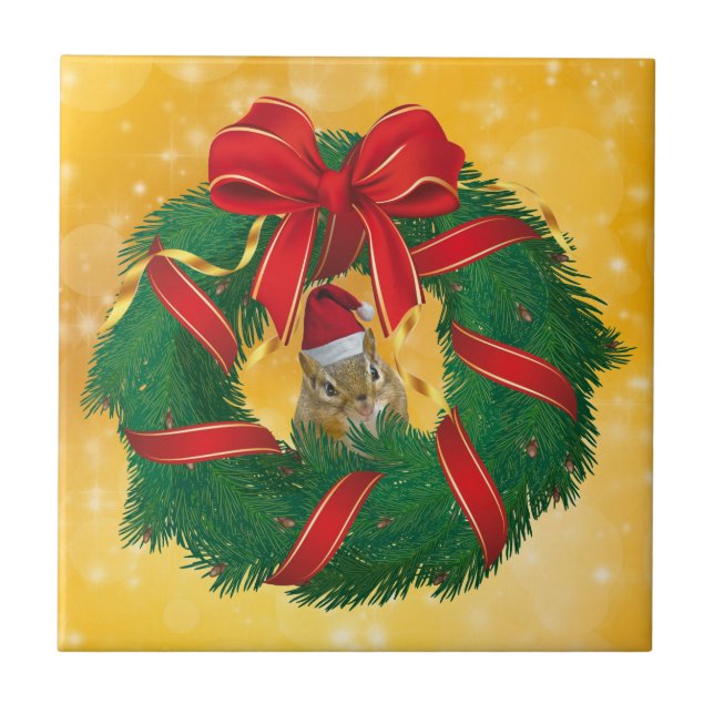 Niedlicher Chipmunk Weihnachtskranz Fliese (Vorderseite)