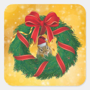 Niedlicher Chipmunk Weihnachtskranz Quadratischer Aufkleber