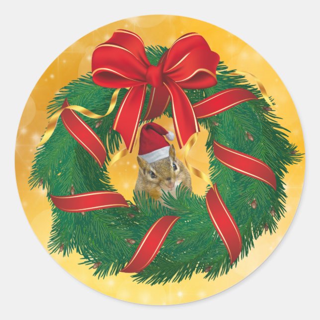 Niedlicher Chipmunk Weihnachtskranz Runder Aufkleber (Vorderseite)