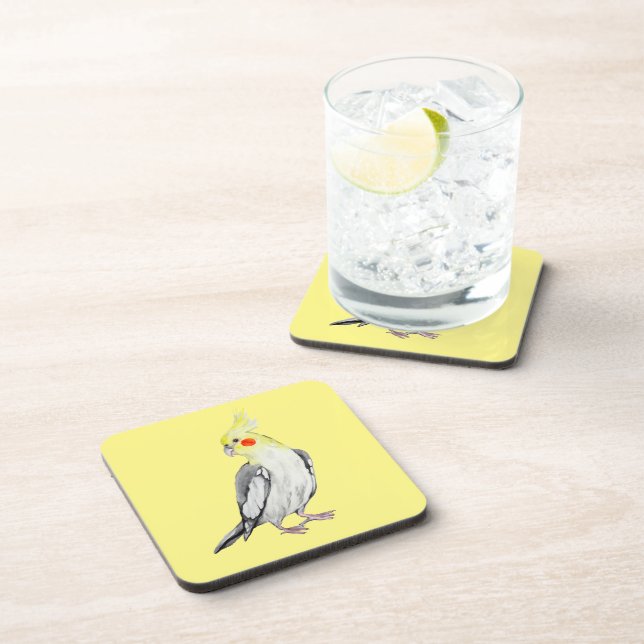 Niedlicher Cockatiel-Aquarellpapagei. Getränkeuntersetzer (Rechte Seite)