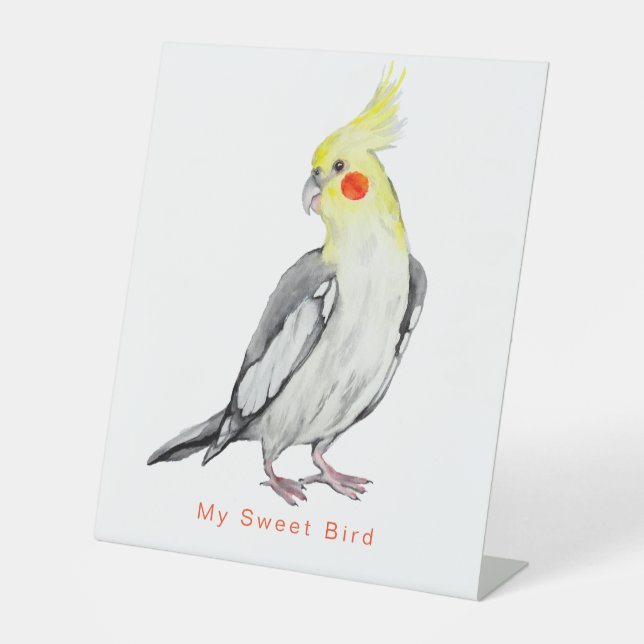 Niedlicher Cockatiel-Aquarellpapagei. Sockelschild (Vorderseite)