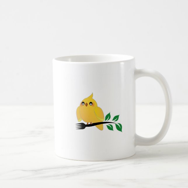 Niedlicher Cockatiel, der eine Gabel hält Kaffeetasse (Rechts)