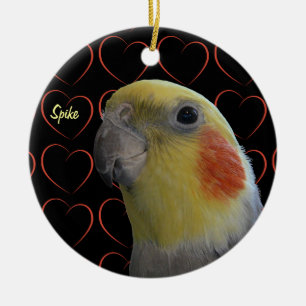 Niedlicher Cockatiel und Herzen Keramikornament