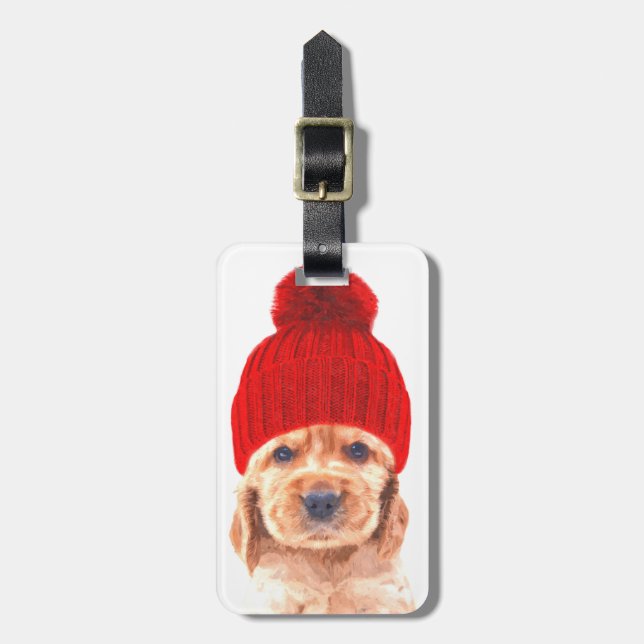 Niedlicher Cocker Spaniel Welpe mit Cap-Portrait Gepäckanhänger (Vorderseite vertikal)