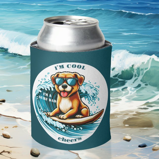 Niedlicher Cooler Cartoon Dog Surf Vater Dosenkühler (Funny can cooler featuring a cute dog on a surf board. Perfect for a dog lover or surfer, surf dad)