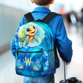 Niedlicher Cooler Happy Turtle Ocean Name Monogram Bedruckter Rucksack