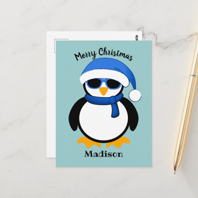 Niedlicher cooler Pinguin Frohe Weihnachtsblauen Postkarte (Vorderseite/Rückseite Beispiel)