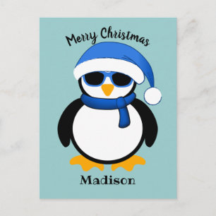 Niedlicher cooler Pinguin Frohe Weihnachtsblauen Postkarte