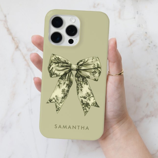 Niedlicher Coquette Toile Bow mit Namen Case-Mate iPhone Hülle (Cute Green Watercolor Coquette Toile Bow with Name Case-Mate iPhone Case)