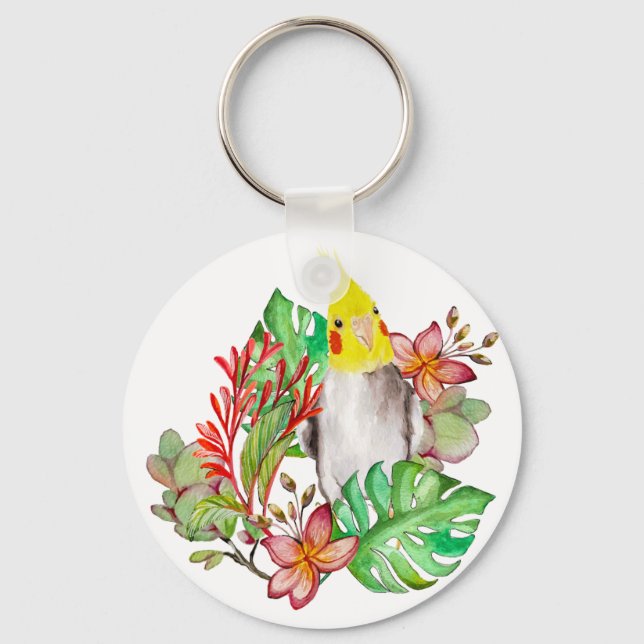 Niedlicher Corella-Papagei in tropischen Pflanze u Schlüsselanhänger (Vorderseite)